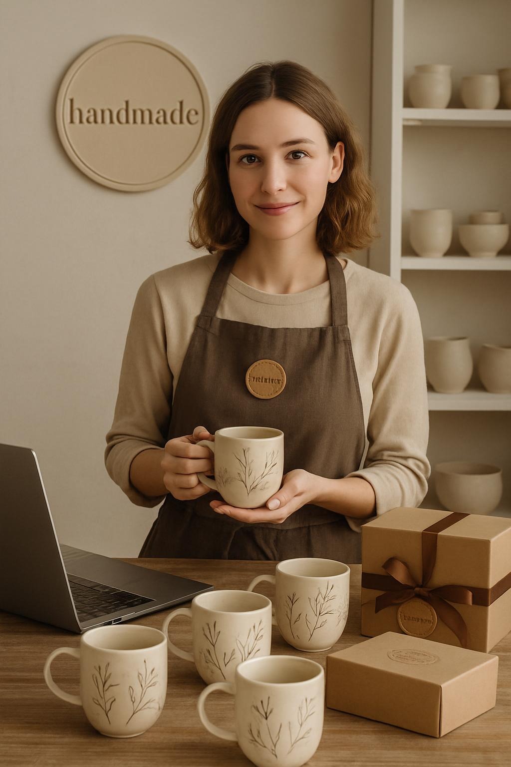 handmade tvorca s hrnčekmi a značkou online
